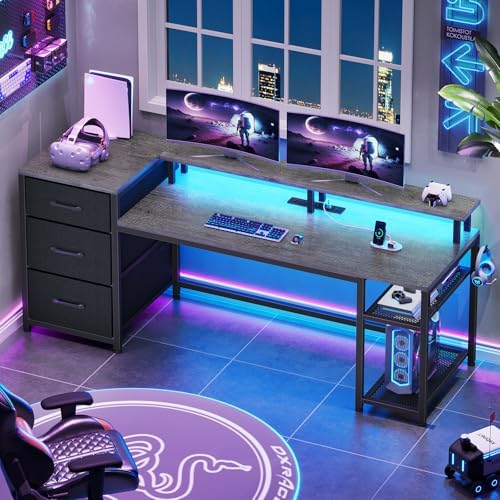 SEDETA 59" Office Desk with File Drawers, Reversible Computer Gaming Desk with Storage, LED Lights & Power Outlet, Home Office Desks for Printer, Grey