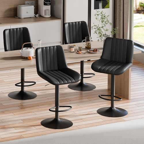 Shintenchi Swivel Bar Stools Set of 4, Adjustable Faux Leather Upholstered Swivel Counter Stools, Armless Bar Height Island Chairs with Back and Footrest, Black