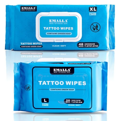 Emalla Green Soap Tattoo Wipes, 2 Sizes All in One Premium Tattoo Cleaning Wipes to Clean Skin During Tattooing and Tattoo Aftercare Tattoo Supplies (2 Pack 68pcs)