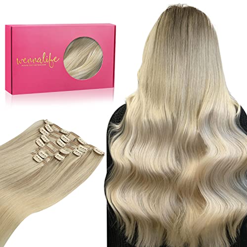 WENNALIFE Hair Extensions Clip In, 24 Inch 120g 7pcs Clip in Hair Extensions Real Human Hair Ombre Ash Blonde to Golden Blonde Balayage Platinum Blonde Clip In Real Hair Extensions