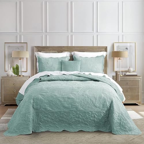 HZ & HY Oversized King Bedspread 128x120 Extra Wide - Paisley Pattern Quilt Set - Gorgeous & Elegant Style Bedding Coverlets, Reversible, Lightweight, 5 Piece, Aqua Sky