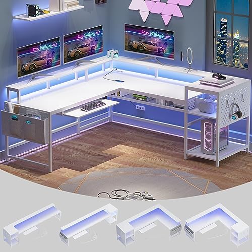 SEDETA L Shaped Gaming Desk, Reversible Computer Desk, Gaming Desk with Power Outlets & LED Strip, Monitor Shelf, Keyboard Tray, Pegboard and Storage Shelves for Home Office, White