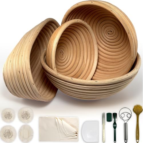 Natural Rattan Banneton, Sourdough Bread Proofing Basket Kit, 6,8,9,10 Inch Basket with Bread Making Supplies Tools, Baking Starter Kit, Banneton Basket Gift Set - Primary Color