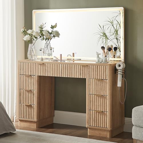 T4TREAM 48" Fluted Makeup Vanity Desk with Large Led Lighted Mirror, Modern Vanity Table with 8 Drawers & Charging Station, Glass Top Dressing Table for Bedroom, Natural Oak
