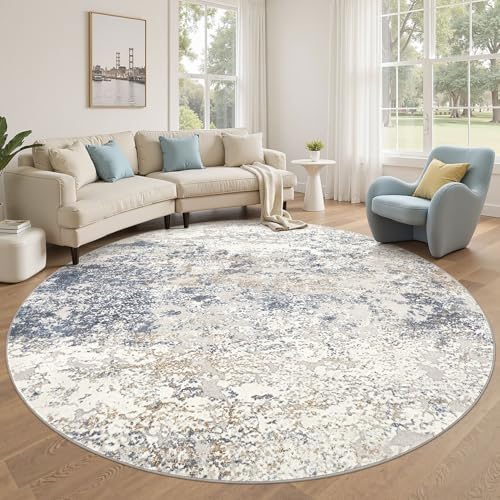 8ft Round Area Rug Living Room Rugs - 8x8 Washable Large Soft Indoor Neutral Modern Abstract Low Pile Rug Carpet for Bedroom Dining Room Farmhouse Home Office - Beige Blue