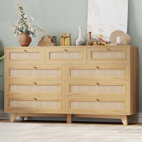 AOGLLATI Rattan Dresser for Bedroom with 9 Drawer, Modern Wooden Long Bedroom Dresser, Chest of Drawers with Metal Handle & Solid Wood Legs for Bedroom/Living Room, Wood
