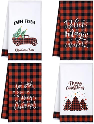 Patelai 4 Pack Christmas Kitchen Towels Buffalo Plaid Tea Dishtowels Farmhouse Winter Bathroom Hand Towels Christmas Decorations for Kitchen Holiday Xmas Housewarming Gifts(Red Black,Tree)