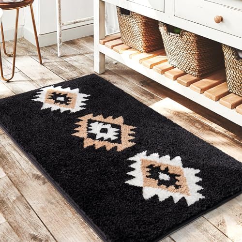 DEXDE Bathroom Rugs 24x36 Black Boho Aztec Bath Mat, Non Slip Western Geometric Bath Rugs Luxury Soft Absorbent Carpet for Bathroom Shower Kitchen Entryway Farmhouse Modern