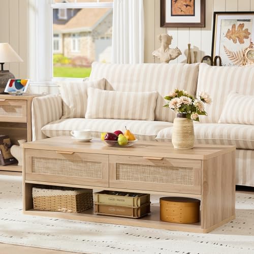 LEYAOYAO 48" Farmhouse Boho Rattan Coffee Table with 2 Woven Drawers,Rectangular Coffee Tables with Hidden Storage Compartment,Curved Profile Design,Wooden Center Table for Living Room,Natual Wood