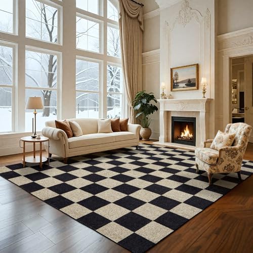 Washable Rug 8x10 Checkered Rug, Black and White Area Rug, Boho Large Rugs for Living Room, Low Pile Lightweight Indoor Carpet with Non-Slip Backing for Bedroom Classroom Playroom Kids
