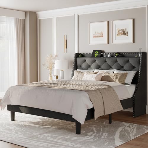 Feonase Queen Bed Frame with Luxury Wingback and Fast Charging Station,Upholstered Button Tufted Storage Headboard Queen Platform Bed,Sturdy Wooden Slats Support,Noise-Free,Easy Assembly,Dark Gray