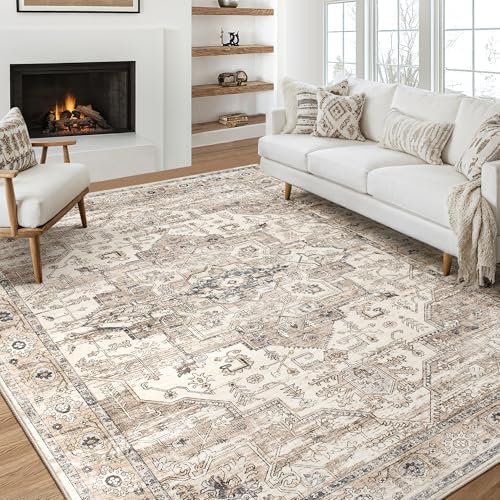 Area Rug 9x12 Washable Vintage - Soft Traditional Rugs for Living Room Large Non Slip Backing with Low Pile Farmhouse Oriental Retro Carpet for Bedroom Dining Room or Home Office - Tea Brown