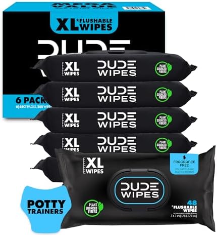 DUDE Baby Wipes - Flushable Baby Wipes Unscented - (6 Pack) 288 Wipes - Extra Large Wet Wipes Flushable - Vitamin-E & Aloe - Septic and Sewer Safe