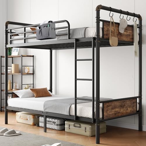 Bunk Bed Twin Over Twin, Heavy Duty Metal Bunkbeds with Ladder and Full-Length Guardrail, Convertible into 2 Individual Beds for Kids, Teens and Adults, Under-Bed Storage Space, Vintage Brown
