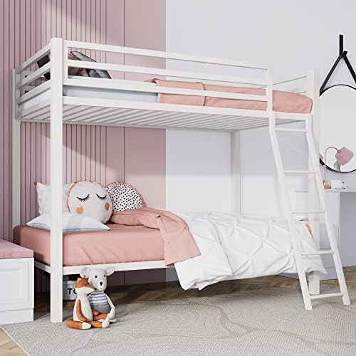 SHA CERLIN Loft Bunk Bed Twin Over Twin Size with Ladder and Guardrail,Heavy Duty Metal Slats Support No Box Spring Needed Small Space Saving Furniture for Bedroom Dorm,White