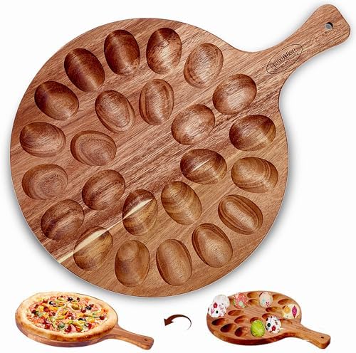 Acacia Wood Deviled Egg Platter,24 Holes Deviled Egg Tray.Round Deviled Egg Holder for Deviled Eggs.Charcuterie Board Easter Deviled Egg Carrier for Kitchen Countertops