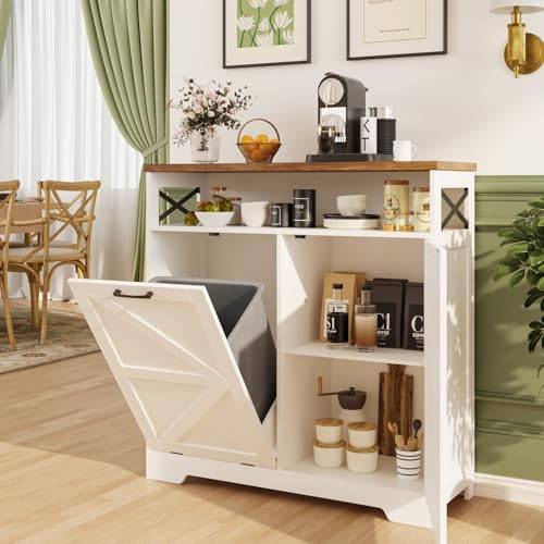 Tilt Out Trash Can Cabinet for 13 * 1 Gallon Trash Can, Farmhouse Kitchen Island Cabinet with Adjustable Shelf for Hidden Laundry Basket, Dog Proof Garbage Can for Dining Living Room, White