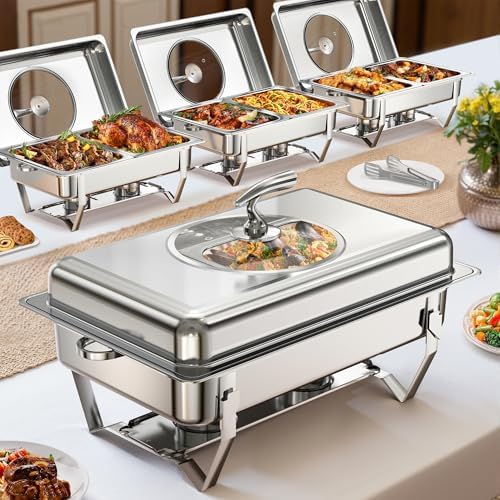 WARMOUNTS Rectangular Chafing Dishes for Buffet with Glass Lid (9QT, 4 Pack), Large Chafers and Buffet Warmers Set w/Mirror-Polished Stainless Steel, Rolled Rim, Lid Holder, Foldable Frame for Party