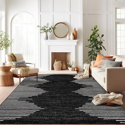 Rugshop Bohemian Stripe Stain Resistant High Traffic Living Room Kitchen Bedroom Dining Home Office Area Rug 8' x 10' Black