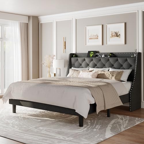 Feonase King Size Bed Frame with Luxury Wingback and Fast Charging Station,King Platform Bed Upholstered Button Tufted Storage Headboard,Sturdy Wooden Slats Support,Easy Assembly,Noise-Free,Dark Gray