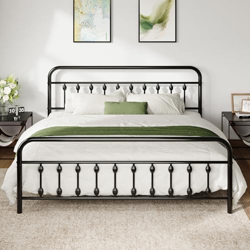 Allewie 14 Inches King Size Metal Platform Bed Frame with Victorian Style Iron-Art Headboard/Footboard, Mattress Foundation, Easy Assembly, Under Bed Storage, No Box Spring Required, Black