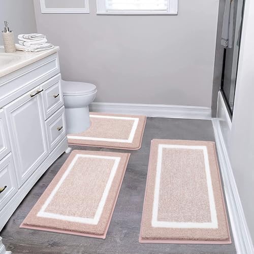 Pauwer Bathroom Rugs Sets 3 Piece Bathroom Shower Rugs with U-Shaped Contour Toilet Mat Absorbent Microfiber Plush Bath Mats Non Slip Bath Rugs Machine Washable Shaggy Bathroom Floor Mats, Dusty Pink