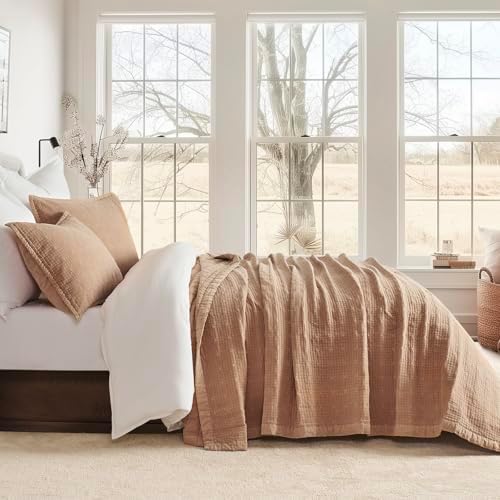 EVERGRACEHOME Stonewashed Cotton Quilt Set King Size, Ultra Soft Oversized Bedspread Coverlet Set, Lightweight Crinkle Box Stitch Bedding Sets for All Season, with 2 Shams, Blushed Terracotta