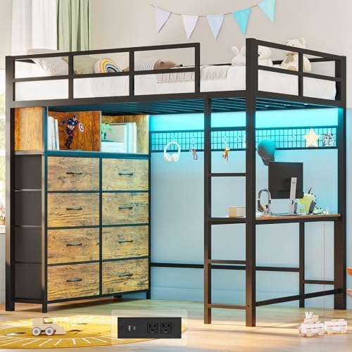 ADORNEVE Twin Size Loft Bed with Desk and 8 Storage Drawers, Metal Kids Loft Bed Twin with LED Lights & Charging Sation, Storage Shelves, 13.1" H Safety Guard & Ladder, Rustic Brown