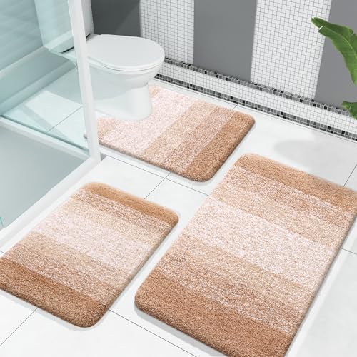 OLANLY Bathroom Rugs Sets 3 Piece, Soft Absorbent Microfiber Bath Mats and U-Shaped Contour Toilet Rug, Plush Shaggy Bath Mat Set for Bathroom (30"x20"+24"x16"+24"x20", Beige)
