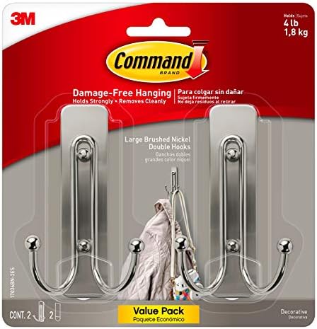 Command Large Brushed Nickel Double Hooks, 2 Hooks and 2 Command Strips, Damage Free Hanging Wall Hooks with Adhesive Strips, No Tools Coat Hooks for Hanging Home Decor, Holds up to 4 lb