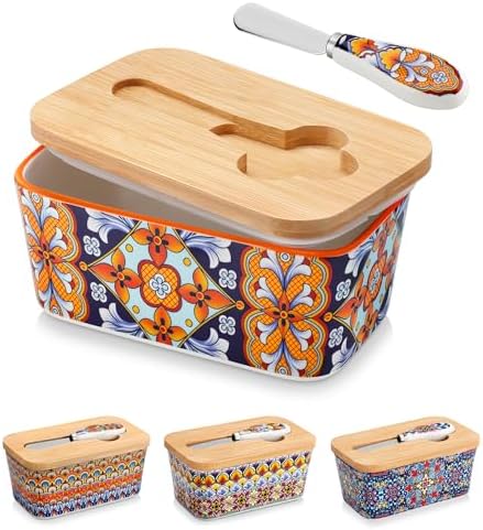vancasso SIMI Butter Dish with Lid, 6.5" Large Butter Dish for Countertop, Bohemian Ceramic Butter Keeper Container with Knife and Bamboo Lid, Butter Holder for Counter, Amber Elegance