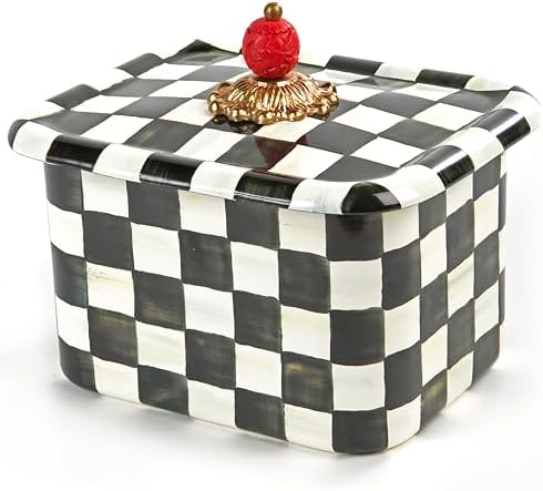MACKENZIE-CHILDS Enamel Recipe Box, Cute Recipe-Card Box with Lid, Index-Card Holder for Kitchen, Black-and-White Courtly Check