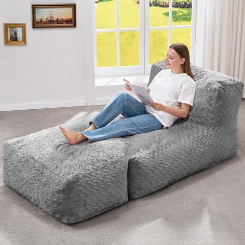 Hobestluk Bean Bag Chair Big Bean Bag Lounger for Adults Bean Bag Couch with Memory Foam Filled for Living Room, Bedroom or Balcony (Chevron Plush Grey)