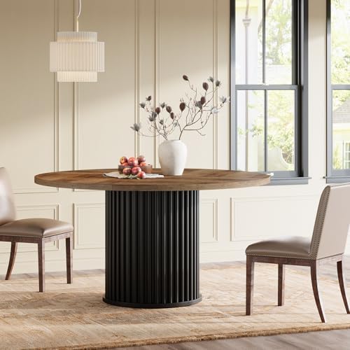 Tribesigns 47.24-Inch Black Round Dining Table for 4-6 People, Modern Fluted MDF + Metal Base Kitchen Table, Sturdy Circle Dining Room Furniture, Brown + Black