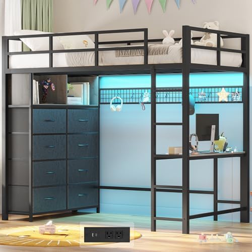ADORNEVE Twin Size Loft Bed with Desk and 8 Storage Drawers, Metal Loft Bed Twin with LED Lights & Charging Sation, Storage Shelves, 13.1" H Safety Guard & Ladder, No Box Spring Needed, Grey