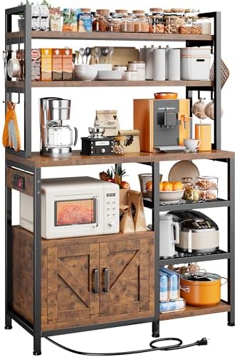 EnHomee Bakers Rack with Power Outlet, 6 Tier Microwave Stand, Coffee Bar Organizer with 8 L-Shaped Hooks, Kitchen Shelves with Storage, 14.1 x 30.1 x 63.1 Inches, Rustic Brown
