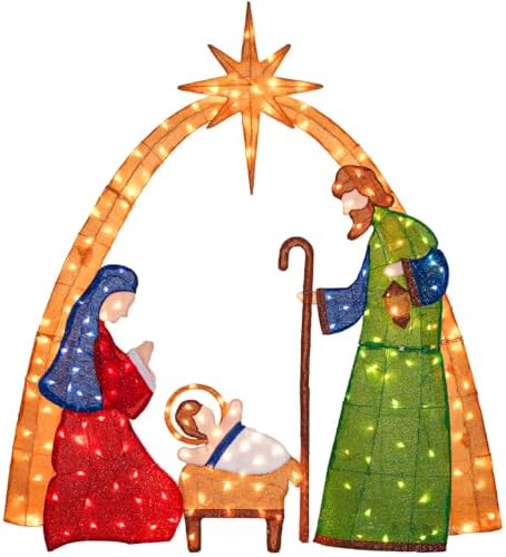 Hykolity 6FT 2.5D Nativity Scene Lighted Outdoor Christmas Decoration, 210 Warm White LEDs with Outdoor Transformer, Stained-Glass Fabric Figures & 5ft Pull Cord, Yard Decor