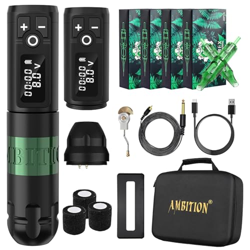 Ambition Soldier Wireless Tattoo Machine Kit Complete Rotary Coreless Motor Tattoo Pen Kit with Extra 2400mAh Battery 80pcs TREX Mixed Size Cartridge Needles Supply for Professional Tattoo Artist