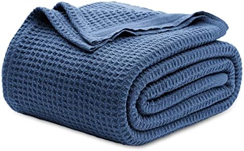 Bedsure 100% Cotton Blanket Queen Size for Bed - Breathable and Soft, Waffle Weave Blanket for Summer Spring, Navy, 90x90 Inches