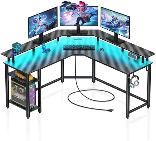 Rolanstar L Shaped Gaming Desk with LED Lights & Power Outlets, 53" Computer Desk with Full Monitor Stand & Storage Shelf, Corner Desk with Hooks, Carbon Fiber Desk Reversible