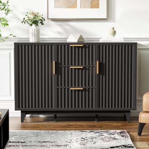 47.2" W Storage Cabinet with 3 Drawers, Fluted Buffet Cabinet with Storage, Large Sideboard with 2 Door, Modern Mid Century TV Stand Coffee Bar Cabinets for Living Room, Kitchen, Entryway