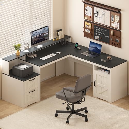 63" Farmhouse L Shaped Executive Desk with Drawers & Storage Shelf, Corner Computer Desk with Power Outlets, L Shaped Office Desk with Monitor Stand, Printer Shelf, Black and White