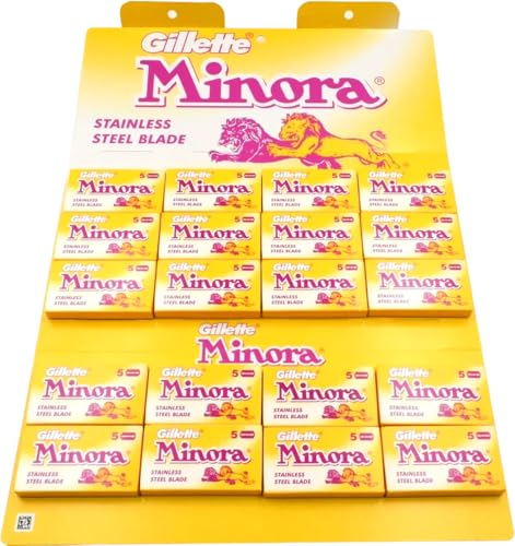 Gillette, 100 Gillette Minora Stainless Double Edge Safety Razor Blades on a display card, 20 dispnesers of 5 Blades