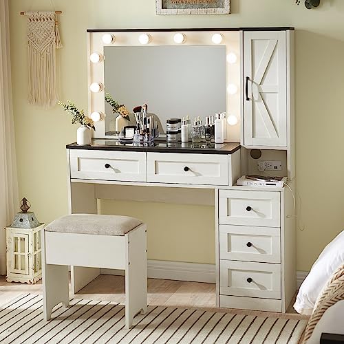 JXQTLINGMU Farmhouse Vanity Makeup Desk with Charging Station, 43" W Vanity Desk with Lights Mirror and Drawers for Makeup, Big Modern Makeup Table Set with Stool for Bedroom, Off White