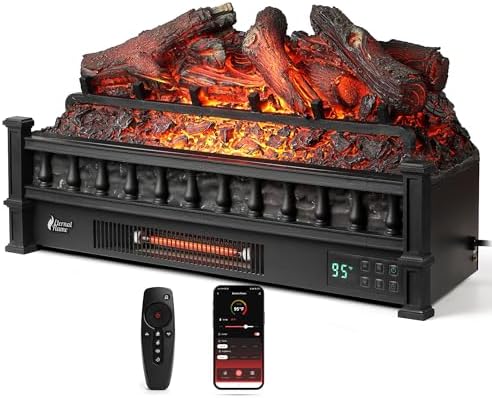TURBRO Eternal Flame 26 in. WiFi Infrared Quartz Electric Fireplace Log Heater with Sound Crackling, Realistic Lemonwood Logs, Adjustable Flame Colors, Remote Control, Thermostat, Timer, 1500W Black