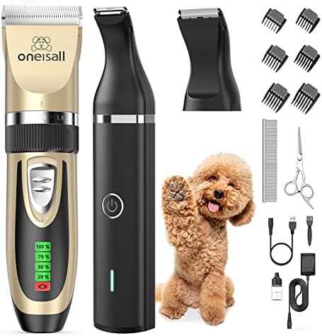 oneisall Dog Grooming Clippers and Dog Paw Trimmer Kit 2 in 1 Quiet Cordless Dog Clippers for Grooming Pet Hair Paws Trimmers for Small Dogs Cats Animals