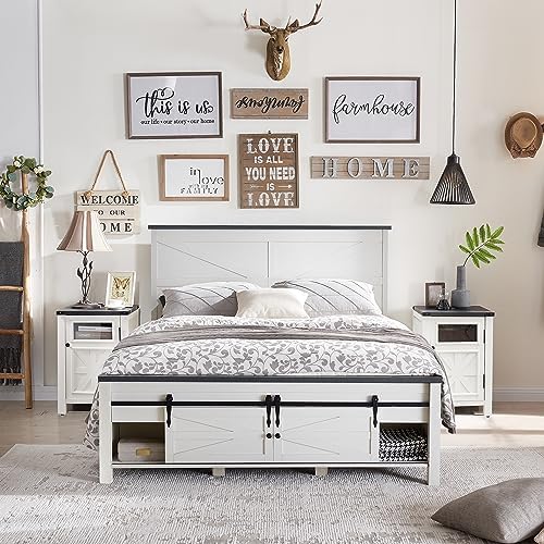 JXQTLINGMU Farmhouse Wood Bed Frame Queen Size with Sliding Barn Door Storage Cabinets and Headboard, Solid Wood Slats Support, Noiseless, No Box Spring Needed, Antique White