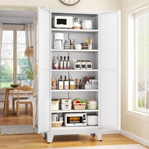 75.2" Tall Metal Kitchen Pantry Storage Cabinets with 2 Door and 5 Adjustable Shelves, Cupboard for Kitchen, Dining Room, Living Room and Bathroom, White