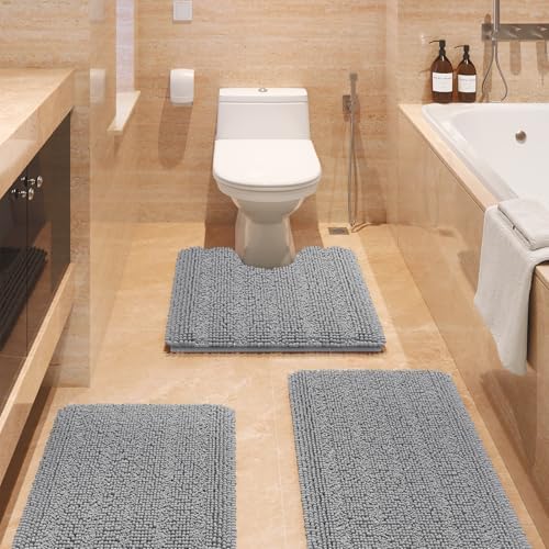ACCUMTEK Striped Light Grey Bathroom Rug Set 3 Pieces Gray Ultra Soft, Non Slip Chenille Toilet Mat, Absorbent Plush Shaggy Bath Mats for Bathroom, Bedroom, Kitchen