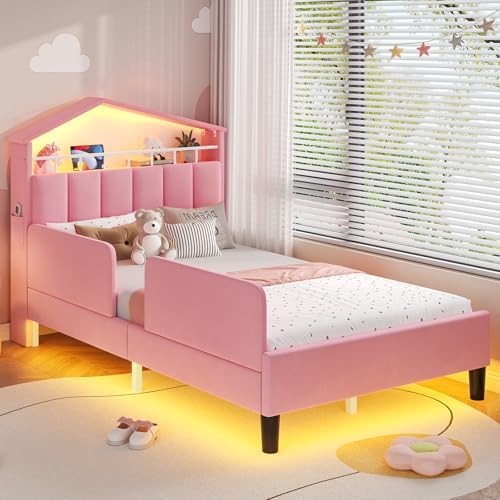 ADORNEVE Twin Size Bed Frame with LED Lights,Velvet Upholstered Platform Bed for Girls,Princess Bed with Safety Guardrail,Headboard with Charging Station & Hidden Storage,No Box Spring Needed,Pink